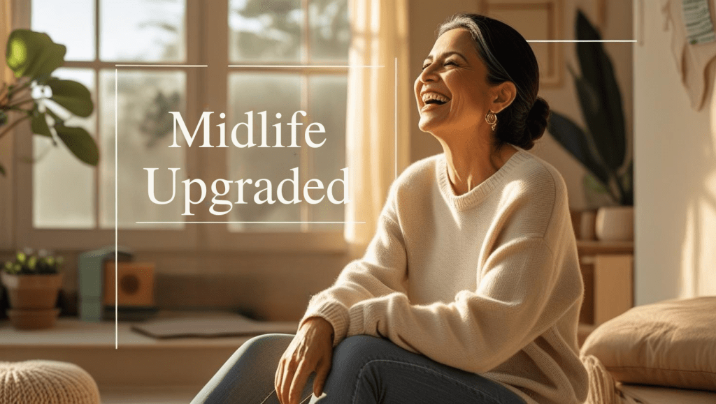 Empowered midlife woman laughing in a sunlit, cozy studio, representing confidence, authenticity, and the You Own You mission to inspire women in their 40s and 50s to reclaim control and joy